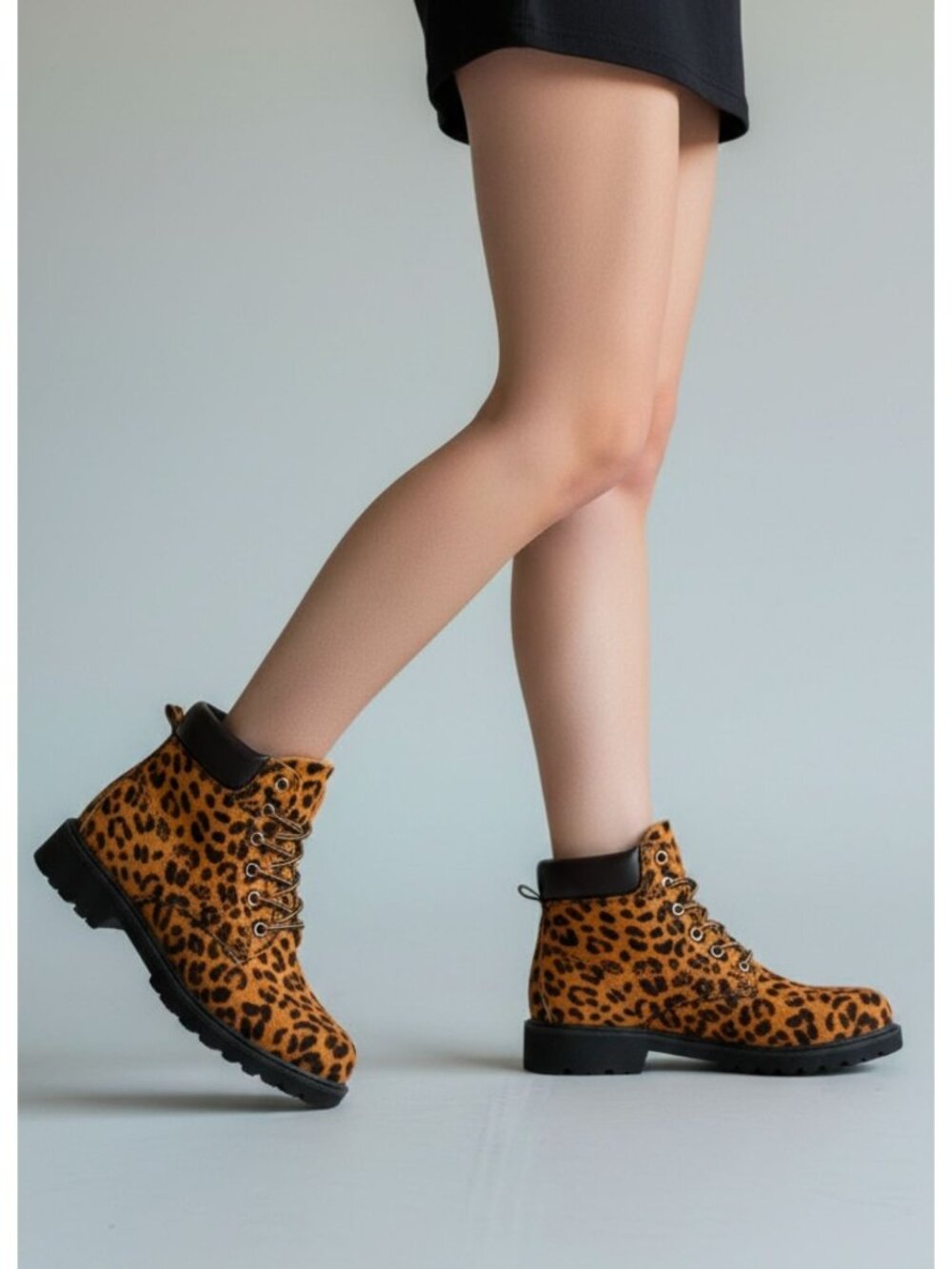 Women’s Leopard Print Lace-Up Combat Boots Ankle Boots Lug Sole